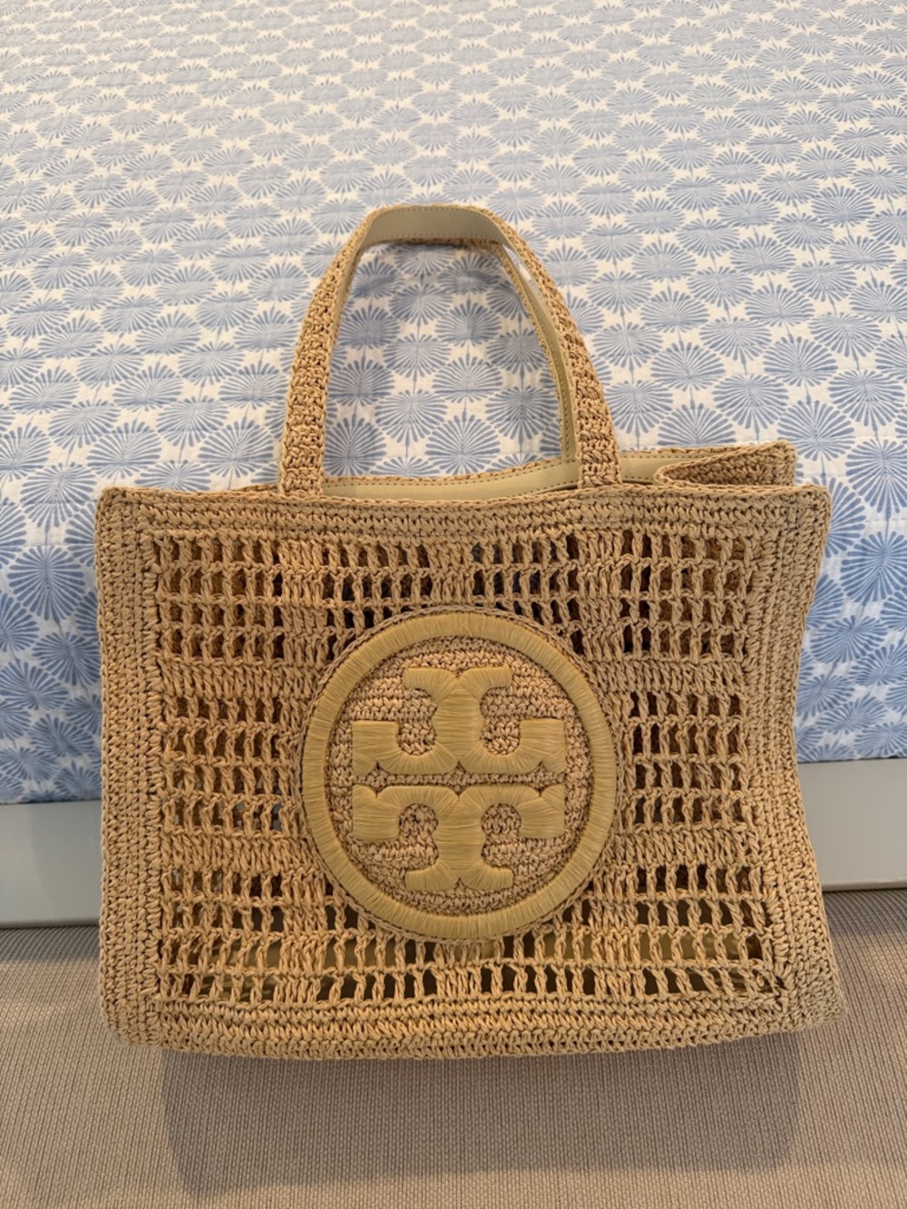 Tory Burch small Ella Tote Bag. Featuring large Tory Burch logo.